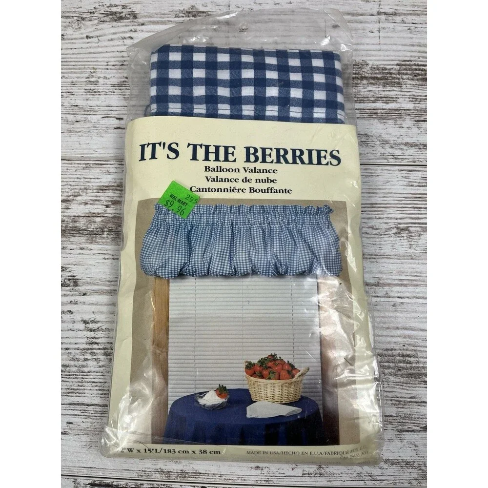 Vintage Navy Gingham Balloon Valance Blue Valances NOS Cottage core Grannycore